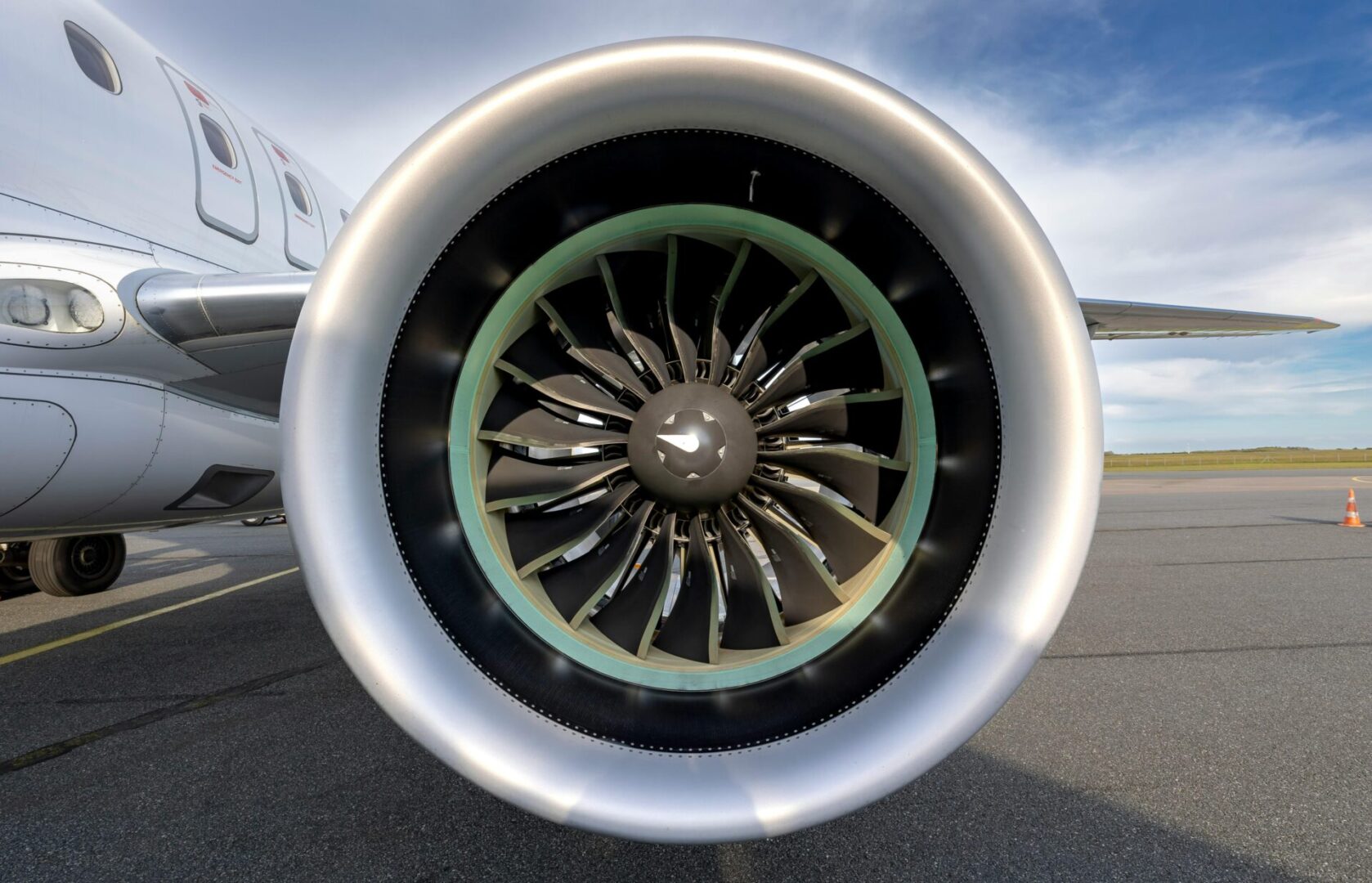 A close up of the engine on an airplane