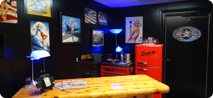 A room with red walls and black walls.